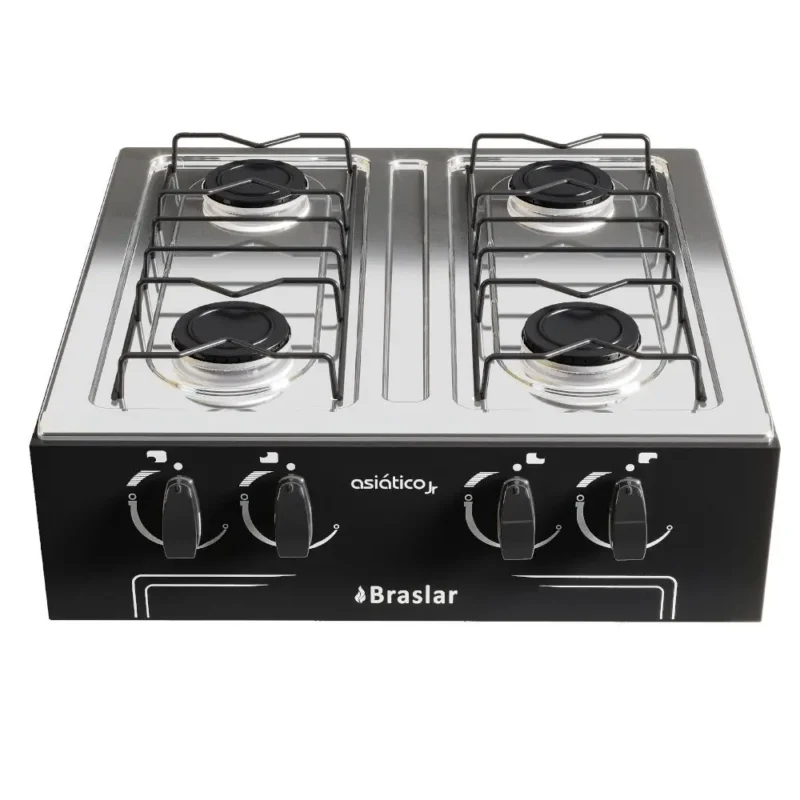 Fogão a Gás Braslar Asiático 4 Bocas Portátil Sem Forno Acendimento Manual Preto