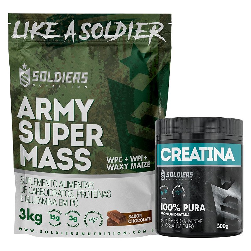 Kit: Hipercalórico Army Super Mass - 3Kg + Creatina Monohidratada Pote 300g - 100% Pura Importada - Soldiers Nutrition