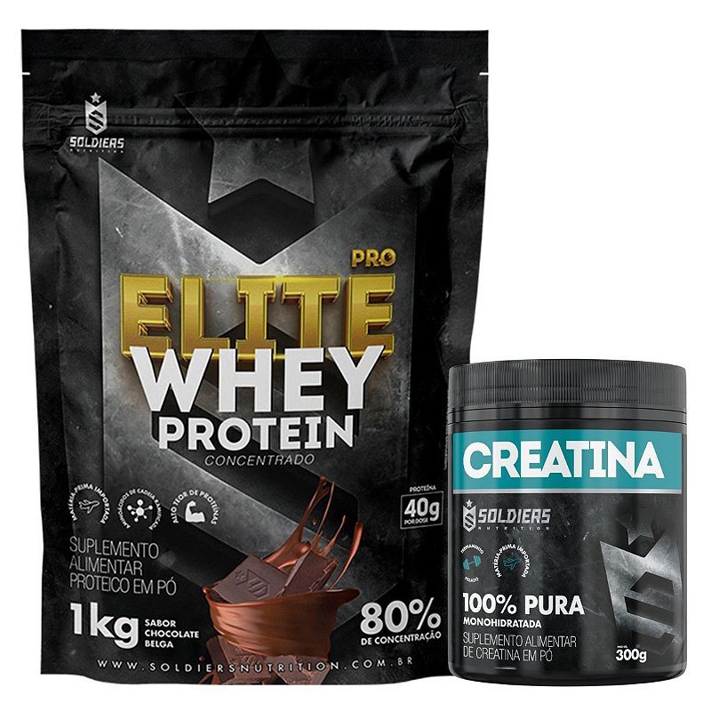 Kit: Whey Protein Elite Pro 1kg + Creatina Monohidratada Pote 300g - 100% Pura Importada - Soldiers Nutrition